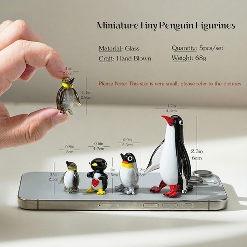 HDCRYSTALGIFTS Blown Glass Penguin Figurines Set - Handmade Miniature Family Sculpture | Perfect Gift for Mom