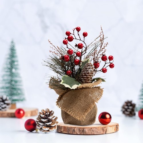 LOHASBEE Mini Christmas Tree - 10-Inch Portable Tabletop Decor with Red Berries | 2-Pack for Holiday Celebrations