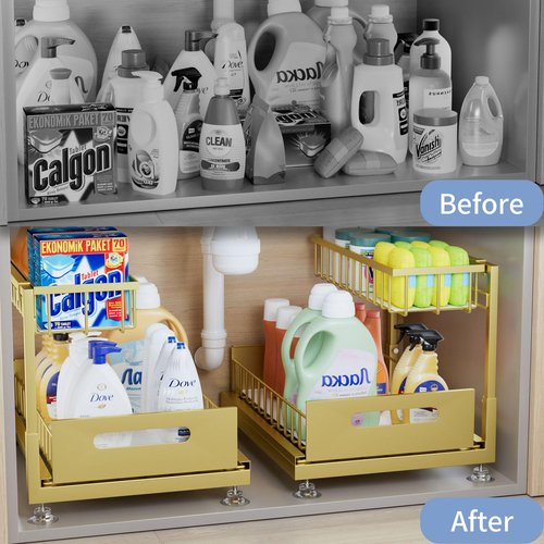 Saydear Under Sink Organizer Storage 2-Tier Premium Metal Pull-Out Kitchen Cabinet Organizer with Sliding Drawer, Height Adjustable, Heavy Duty for Kitchen & Bathroom Organizers 2 Pack Gold