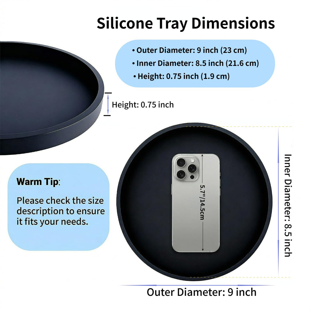 Yudevey Silicone Bathroom Tray - 9-Inch Round Vanity Tray, Suitable for Candles, Perfumes, Soap Dispensers Black