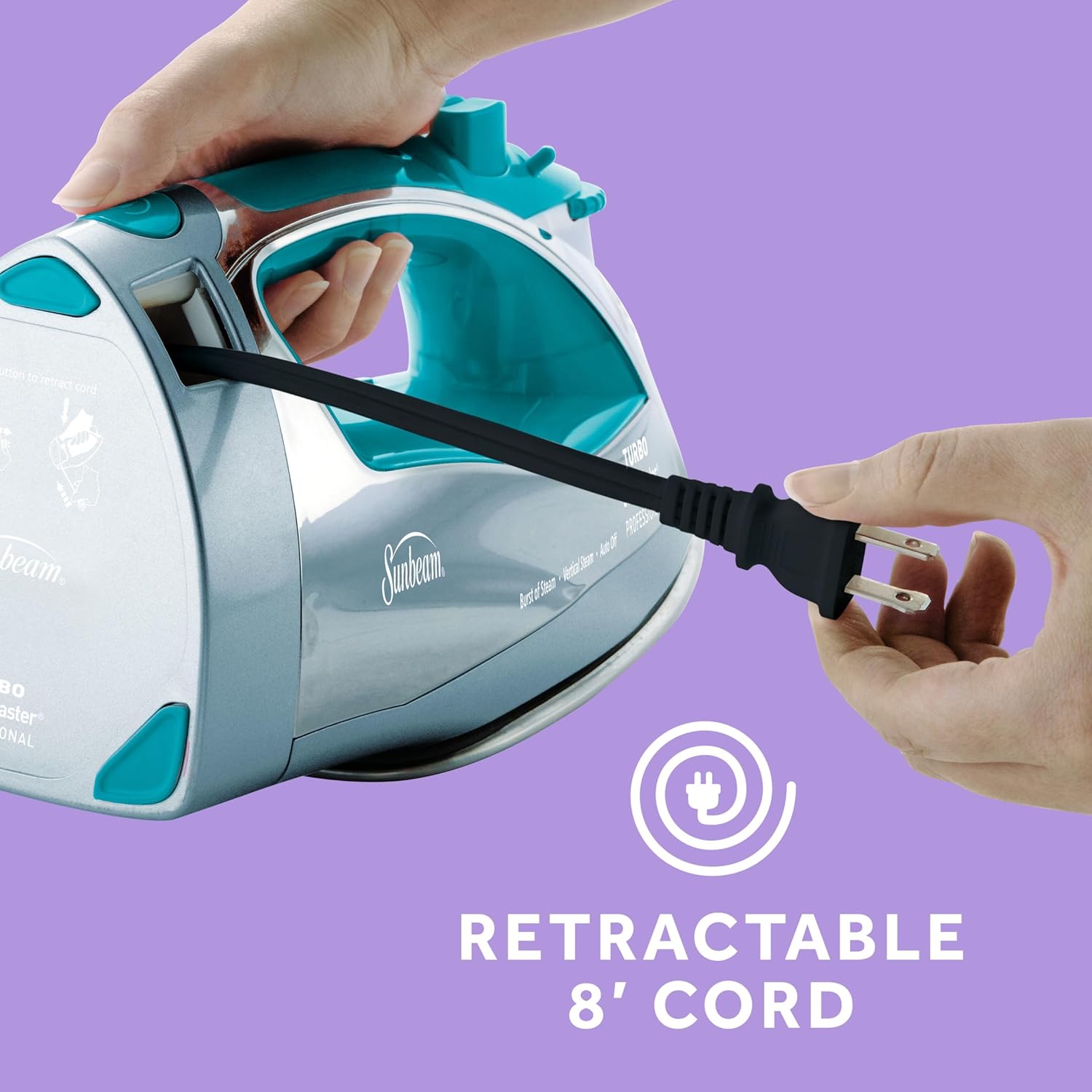Sunbeam Turbo Steam Iron - 1400W Quick Heat with Stainless Steel Soleplate | 240ml Water Tank, White & Teal