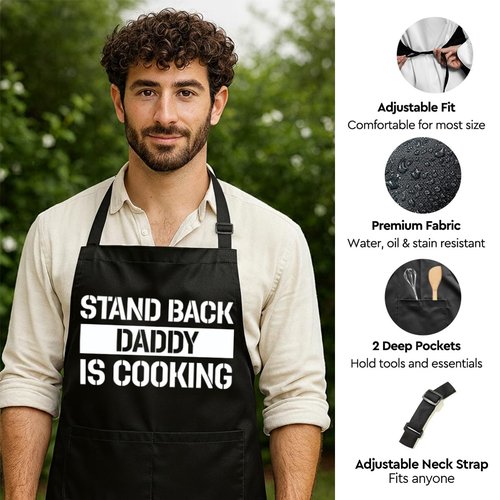 Niyorayna Funny Black Grill Apron with Pockets for Man,Daddy,Husband,Father in Law,Standback Daddy is Cooking,Dad Grilling Apron Gifts from Daughter Son,Man BBQ Cooking Gifts for Birthday Christmas