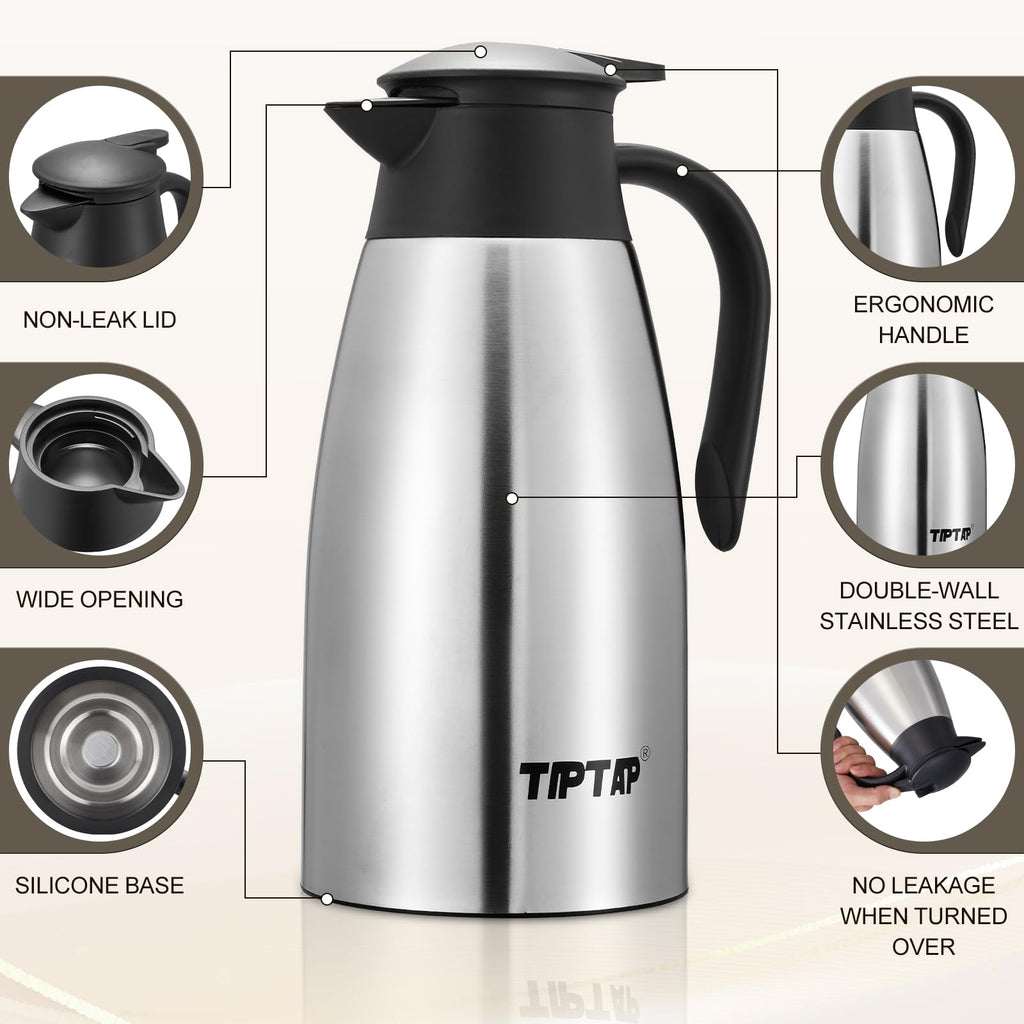 TIPTAP 70oz Thermal Coffee Carafe, Stainless Steel Insulated Vacuum Coffee Carafes For Keeping Hot and Cold, 2 Liter Beverage Dispenser