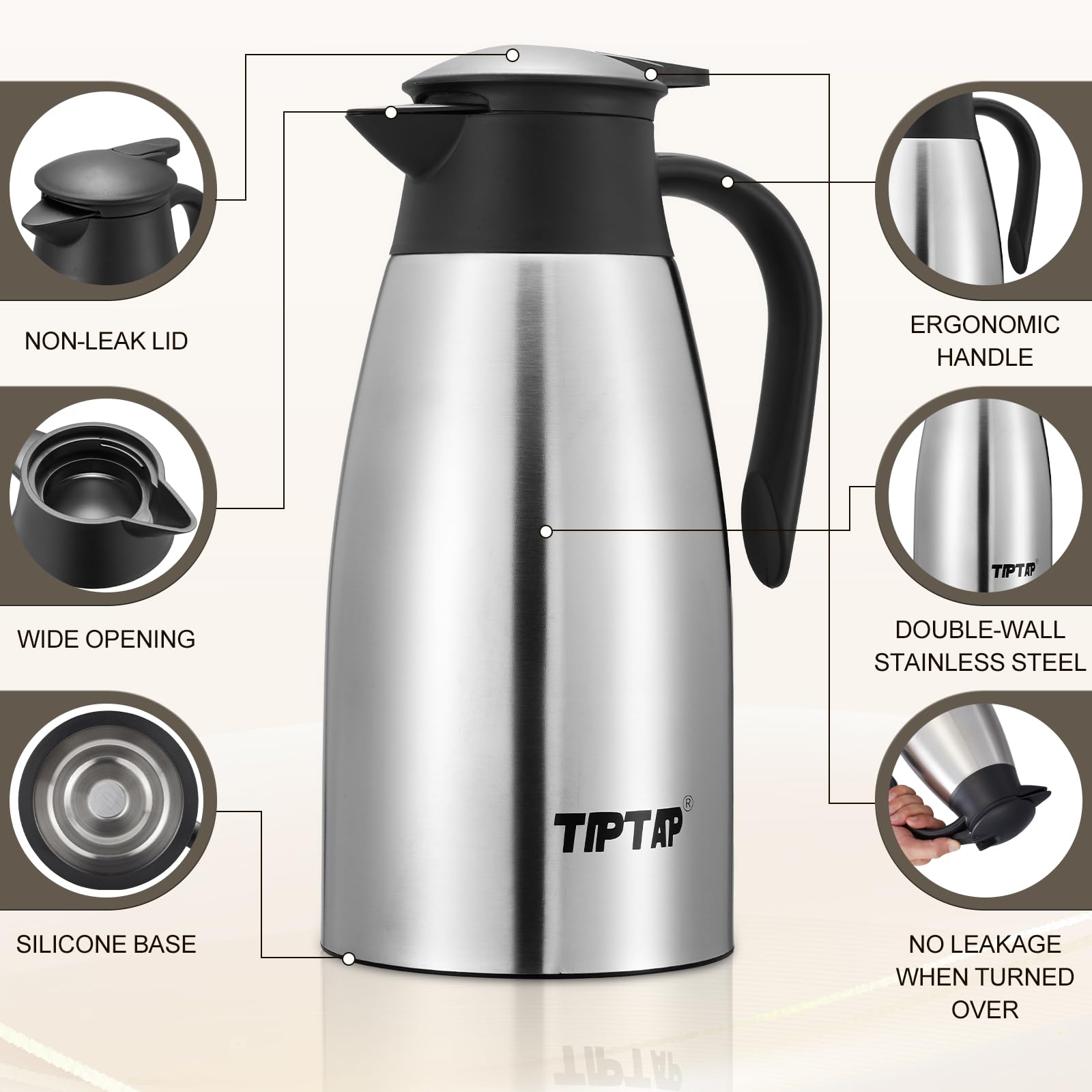 TIPTAP 70oz Thermal Coffee Carafe, Stainless Steel Insulated Vacuum Coffee Carafes For Keeping Hot and Cold, 2 Liter Beverage Dispenser