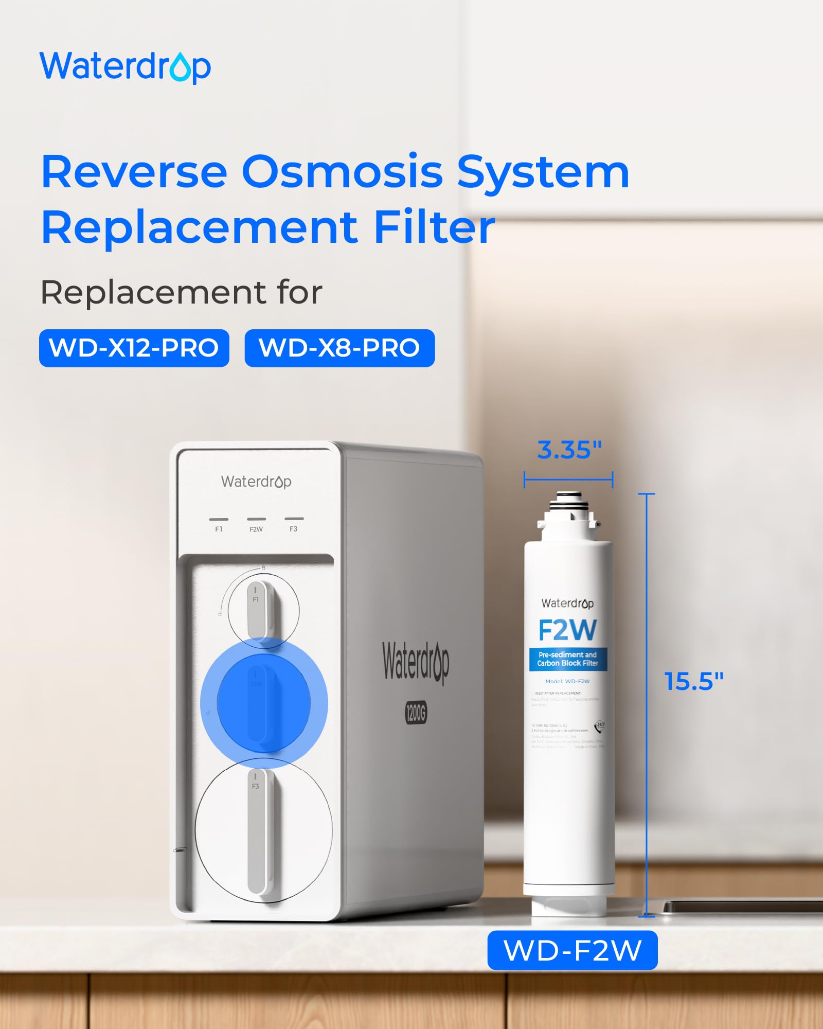 Waterdrop F2W Filter, Only Replacement for X8-PRO & X12-PRO Dual Flow Tankless Reverse Osmosis System, 6-month Lifetime