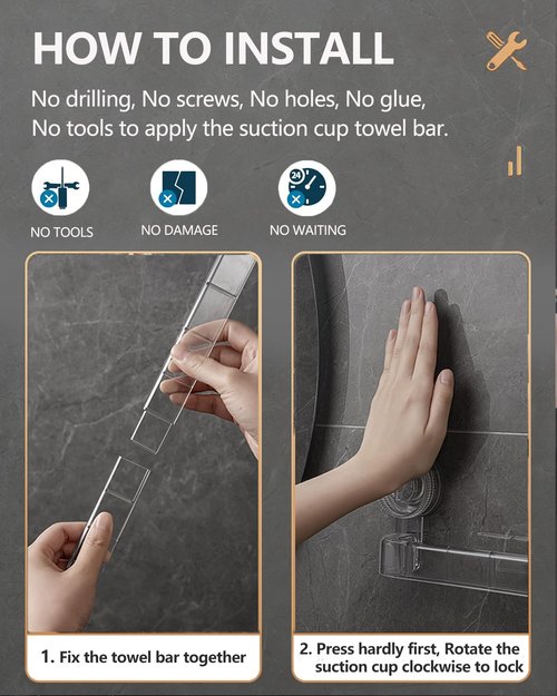 NEELEEN Suction Cup Towel bar - 21 Inch Removable No Drill Suction Towel Bar with Strong Suction & Reusable Adhesive Suction Towel Rack for Shower Bathroom Kitchen - Clear