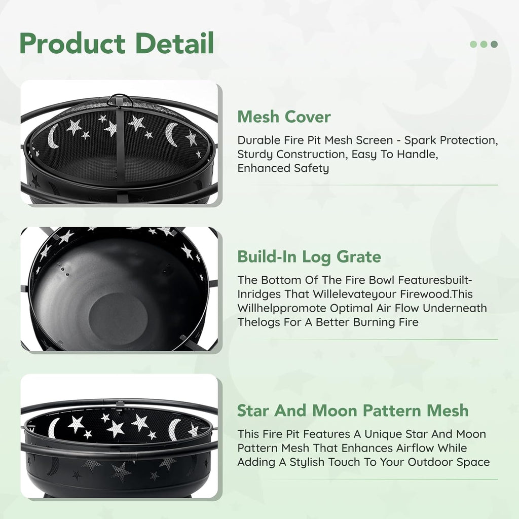 Skiennix 32-Inch Round Fire Pit - Metal Wood Burning Design with Mesh Cover & Poker | Perfect for Outdoor Gatherings