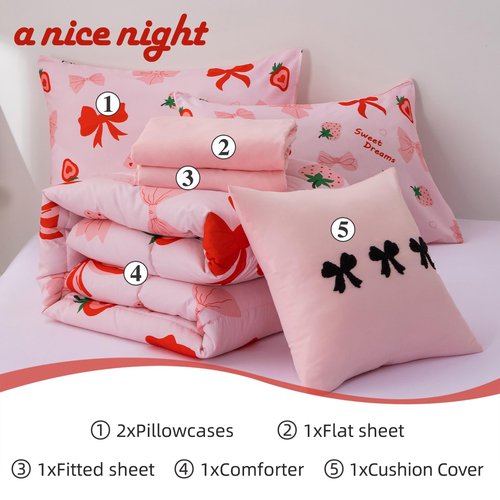 A Nice Night Red Bow Comforter Set,6 Piece Bed in a Bag Matching Sheet Set,Cute Ribbon Bowknot Bedding Sets,Princess Style Strawberry Printed,Light Pink Room Decor for Girls,Twin