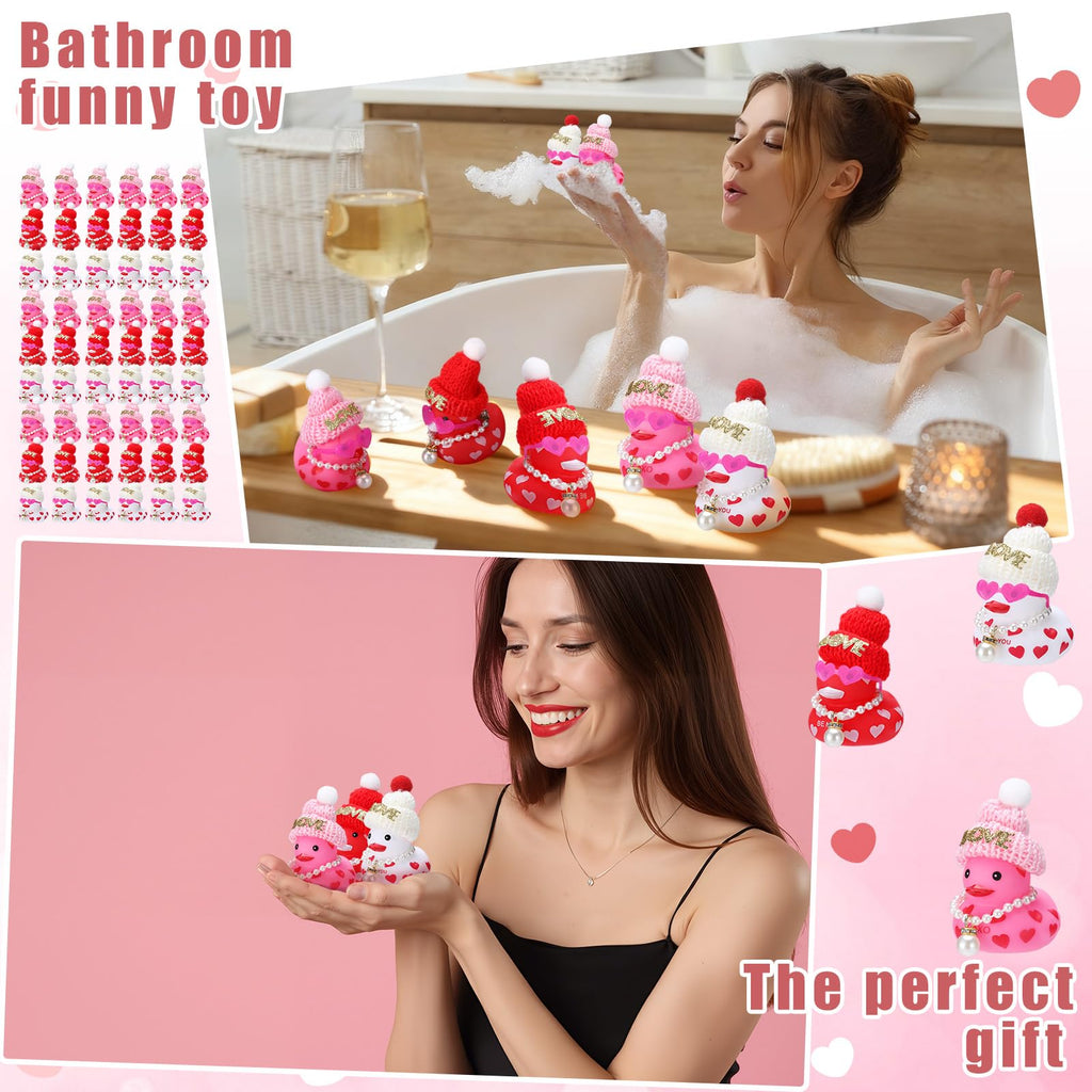 Lunmon 50 Pcs Valentine's Day Rubber Duck for Exchanging Gifts 50 Cards 50 Organza Bags 50 Hats 2 Inch Pink Red Heart Love Valentines Duck with Fake Pearl Necklace for Party Favors