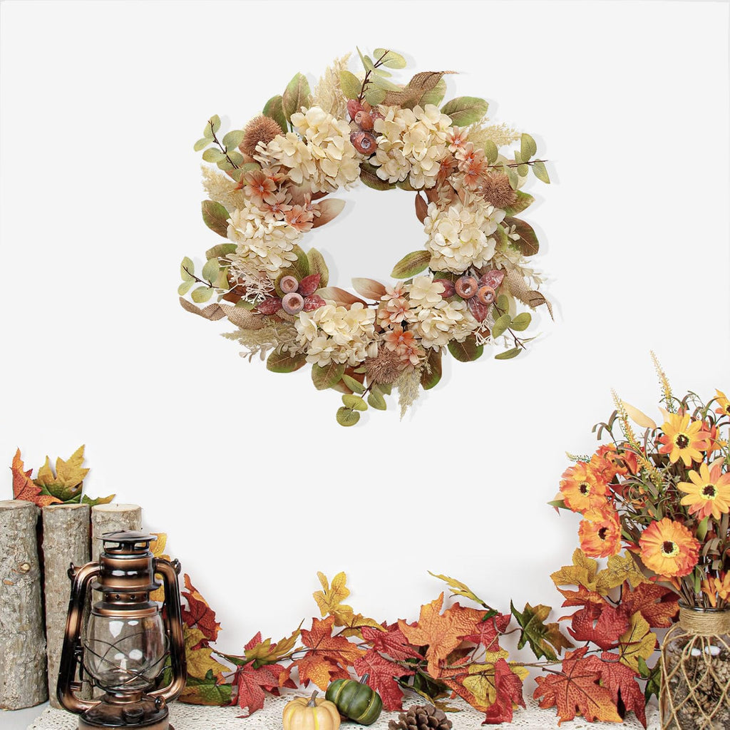 BINFEN 18 Inch Lush Fall Wreath for Front Door, Boho Brown Outdoor Wreath with Faux Dried Hydrangea Pampas Burlap & Flowers, Farmhouse Fall Winter Thanksgiving Harvest Décor