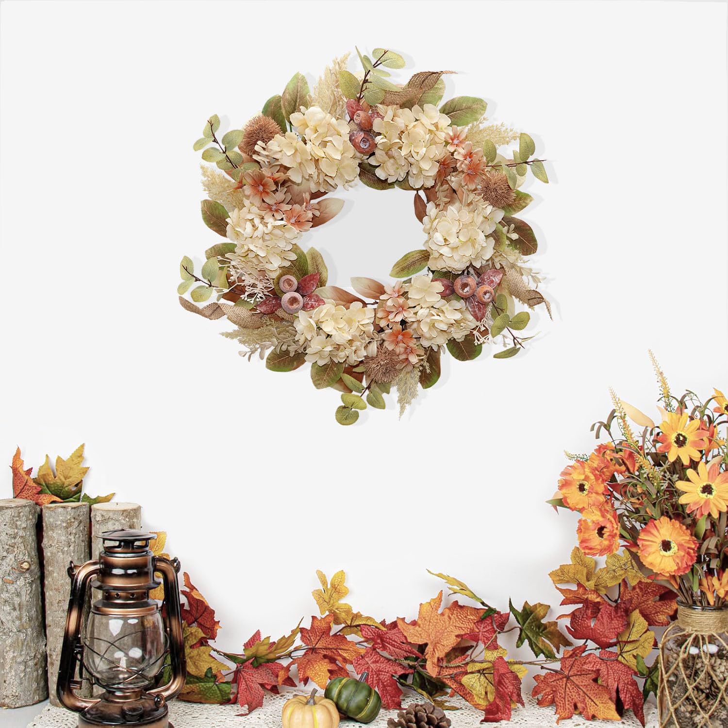 BINFEN 18 Inch Lush Fall Wreath for Front Door, Boho Brown Outdoor Wreath with Faux Dried Hydrangea Pampas Burlap & Flowers, Farmhouse Fall Winter Thanksgiving Harvest Décor