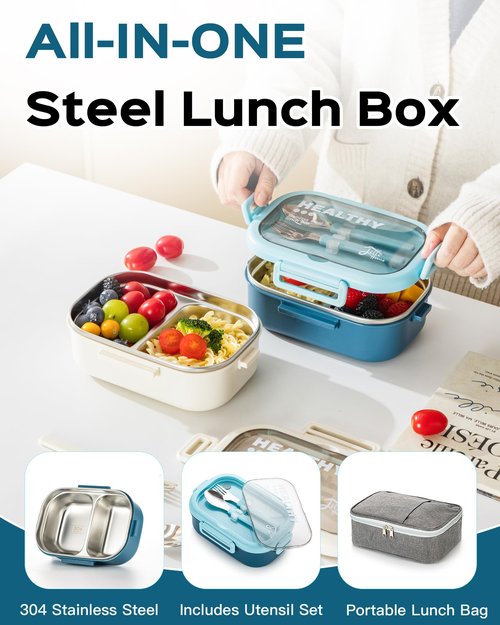 Lille Home 28oz Stainless Steel Leakproof 2-Compartment Bento Lunch Box/Portion Control Food Container with Lunch Bag and Cutlery Set, BPA Free (Light Blue)