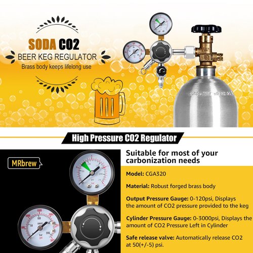 MRbrew Beer Keg Regulator 0-120 PSI CO2 Regulator, Quick Disconnect CO2 Kegerator Regulator, Beer Regulator with Safety Pressure Relief Valve, Gas Regulator with 2 Swivel Nut & 1/4’’ & 5/16’’ Barb