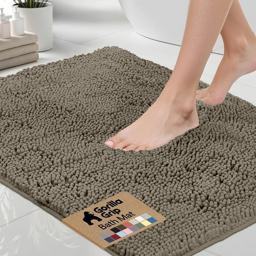 GORILLA GRIP Bath Rug Mat - Thick Soft Absorbent Chenille | Quick Dry Microfiber, 24x17, Latte