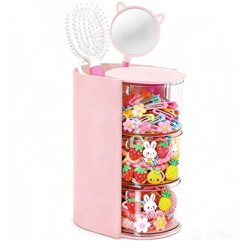 Hair Accessories Organizer with Hair Brush Holder,3-Layer Rotatable Makeup Organizer Box Jewelry Storage Box for Necklaces, Earring, Bracelet, Ring, Makeup Brushes, Hair Clip, Desktop Organizer Case