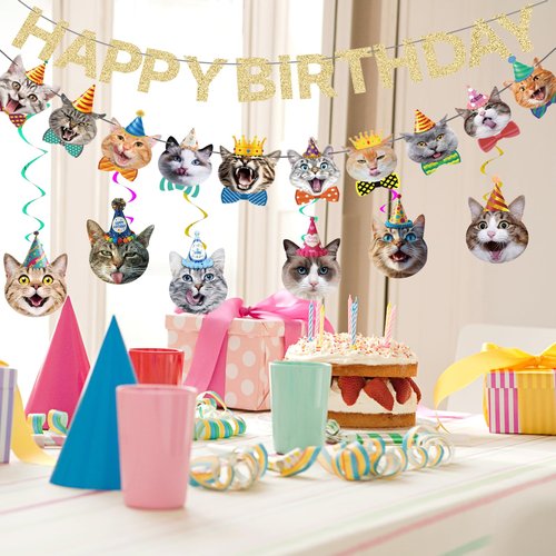 KINGZONE Cat Happy Birthday Banner - Cat Birthday Decorations Party Decor Supplies for Kids, Boys, Girls