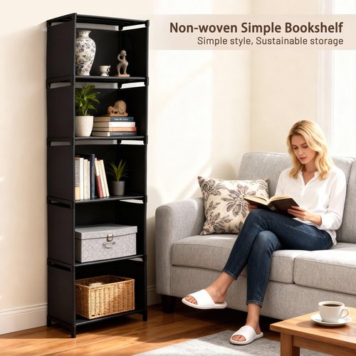 Gmrithaf 6 Tier Book Shelf, Storage Shelves with Non-Woven & Metal Frame, Stable Kids Bookshelf, Bookcase Cube Storage Organizer for Kids Rooms, Living Room, Office, Bedroom, (Black, 6 Tier - 5 Cubes)