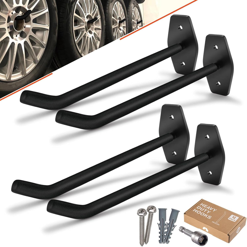 Skiennix Tire Rack Wall Mount - Heavy-Duty 10-Inch Garage Hooks for Organizing Wheels & Tools | 4-Pack