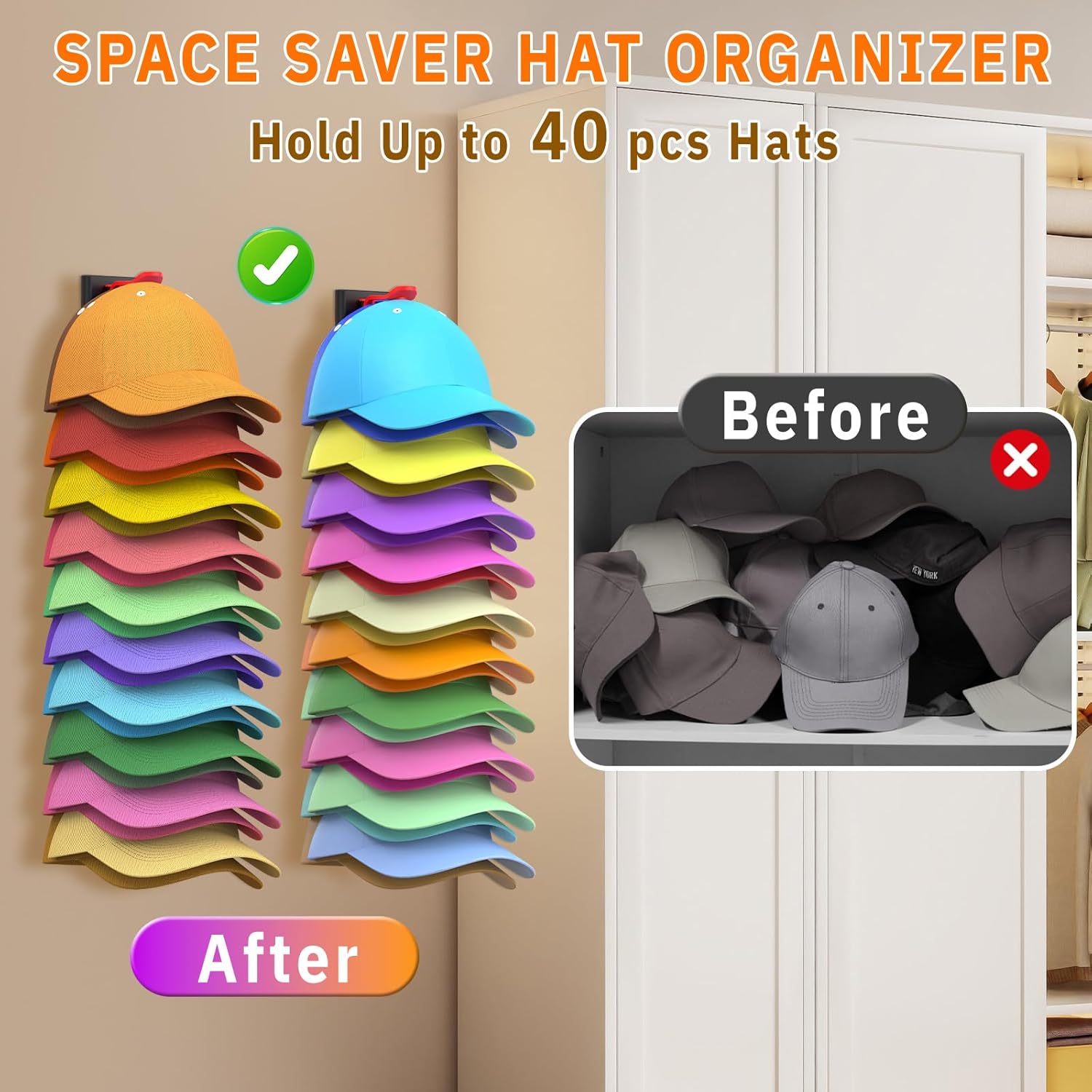 Volnamal Hat Organizer - 2 Pack Baseball Cap Storage Rack | Holds Up to 40 Hats, Wall-Mounted, Black & Color