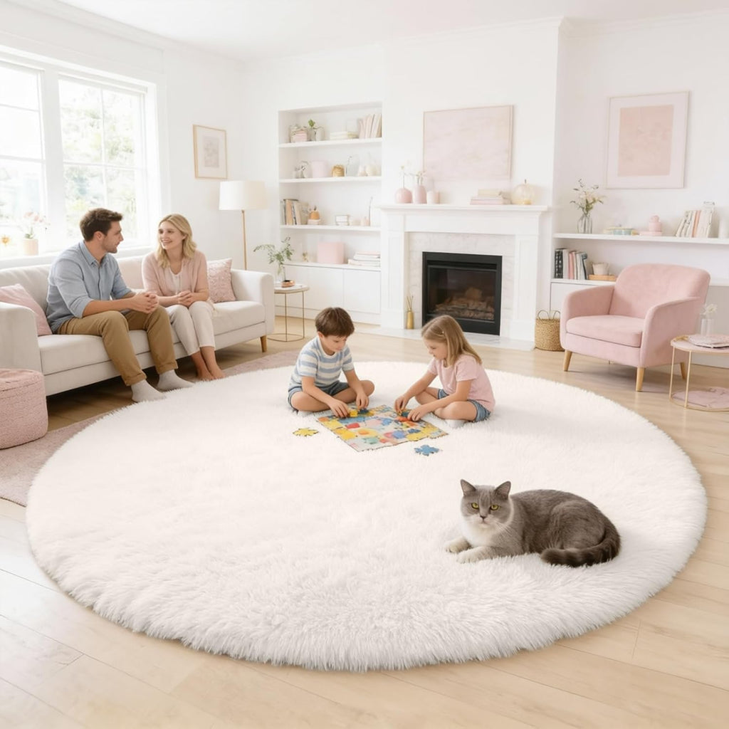 OLANLY Ivory Round Rug - Soft, Fluffy Shaggy Carpet | 6 ft Machine Washable Area Rug for Bedroom & Living Room