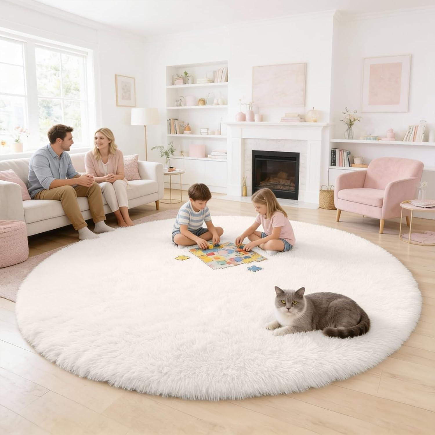 OLANLY Ivory Round Rug - Soft, Fluffy Shaggy Carpet | 6 ft Machine Washable Area Rug for Bedroom & Living Room