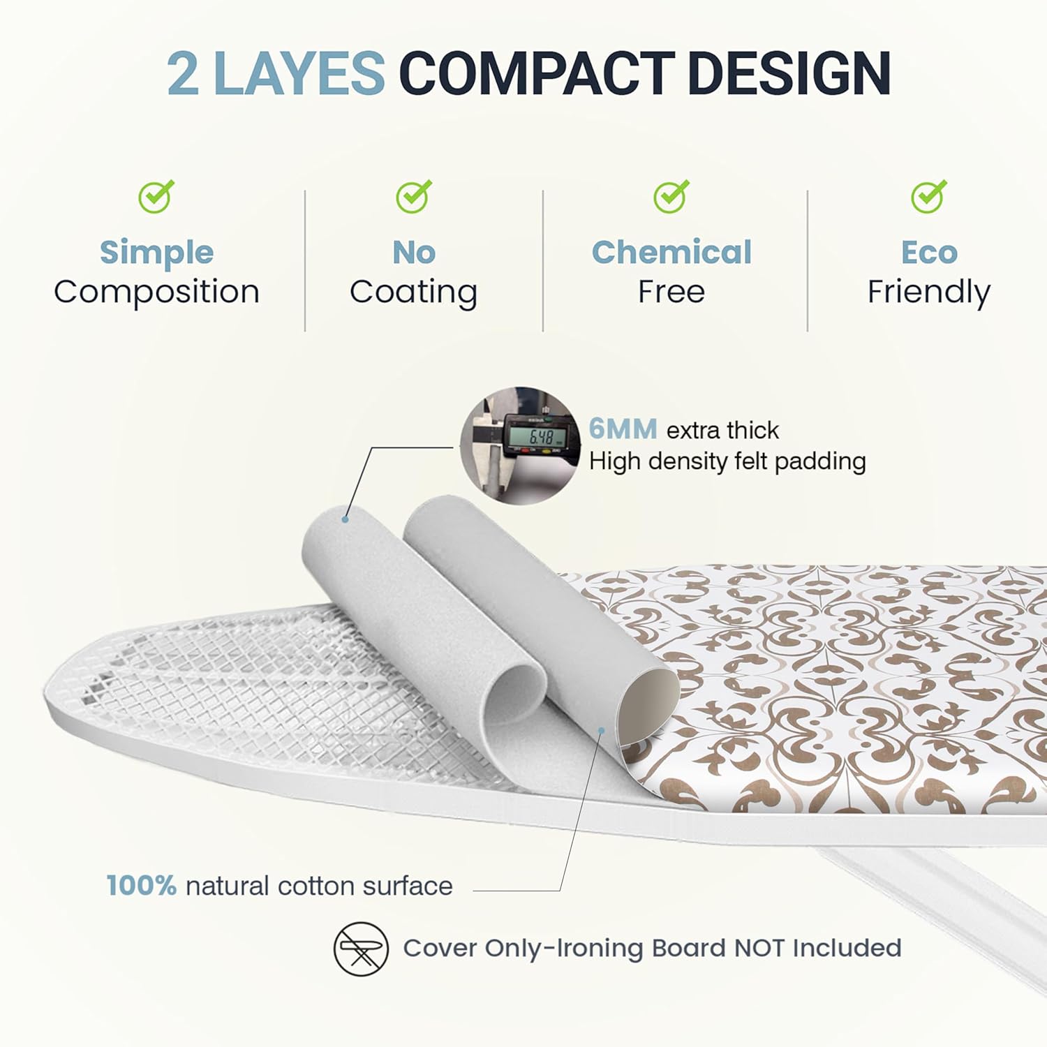 UniSimp Ironing Board Cover - Extra Thick Natural Cotton, Scorch & Stain Resistant | 18"x54" Taupe