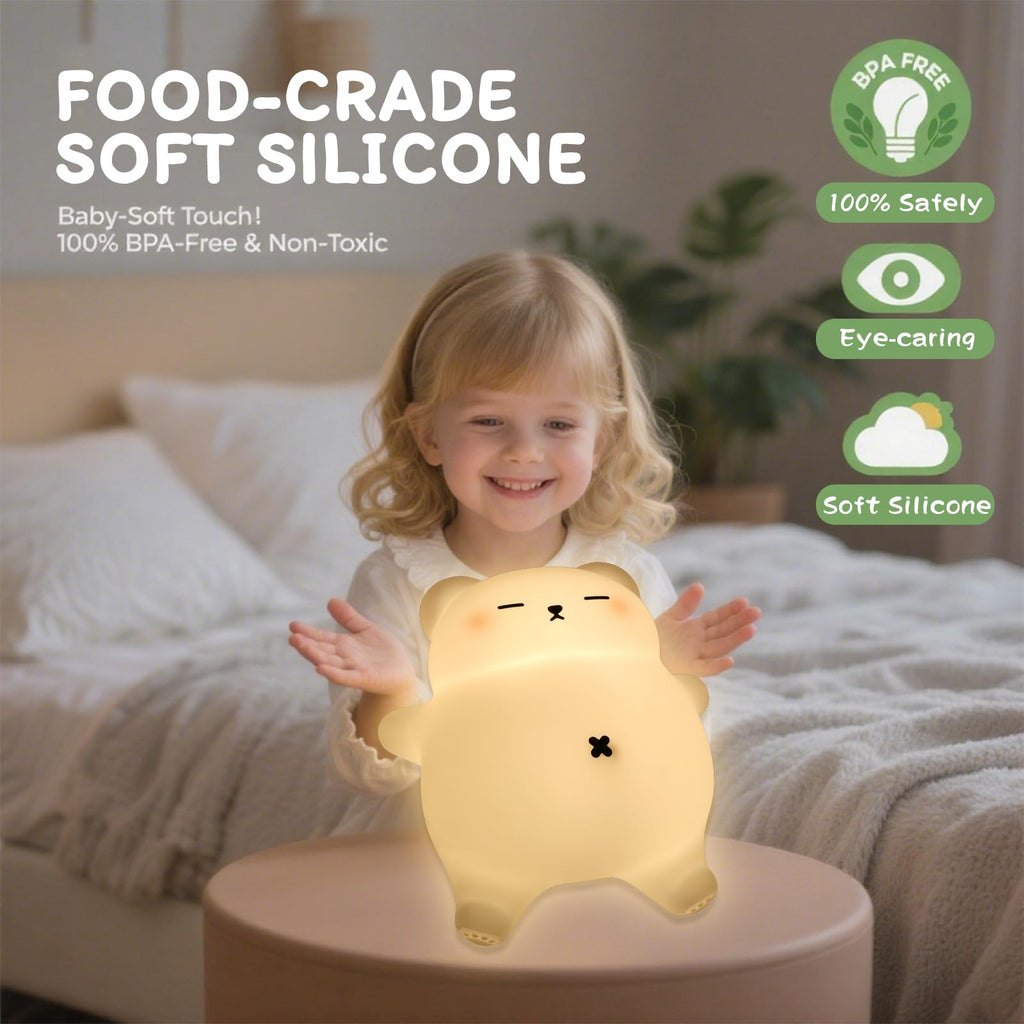 MAGOHMT Squishy Night Light for Kids, Bear Silicone Night Light - Rechargeable with Soothing Snore Sounds & Moving Tummy, 3-Level Dimming Touch Control