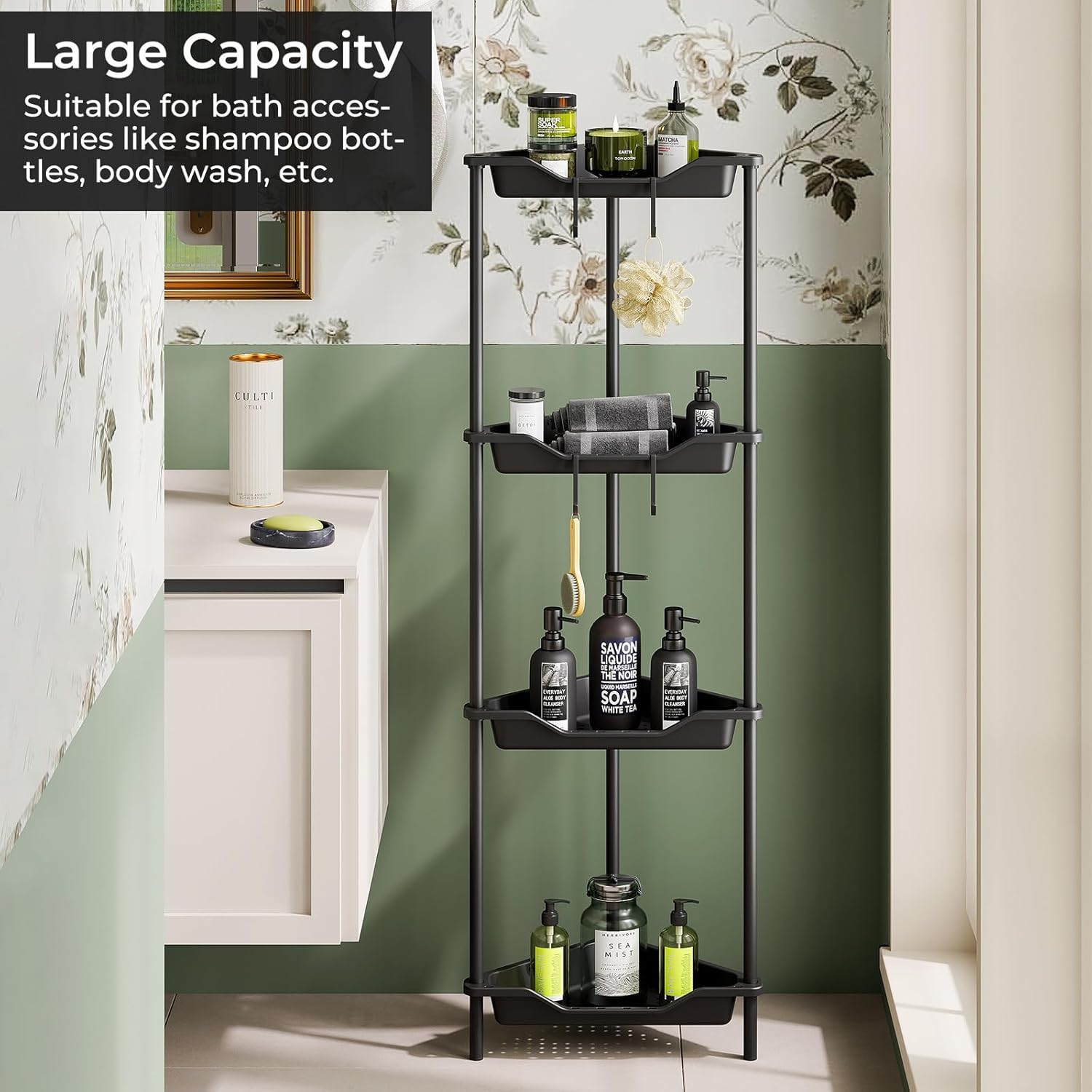 ODesign 4-Tier Corner Shower Caddy - Rustproof Plastic & Metal Organizer for Bathroom, Black