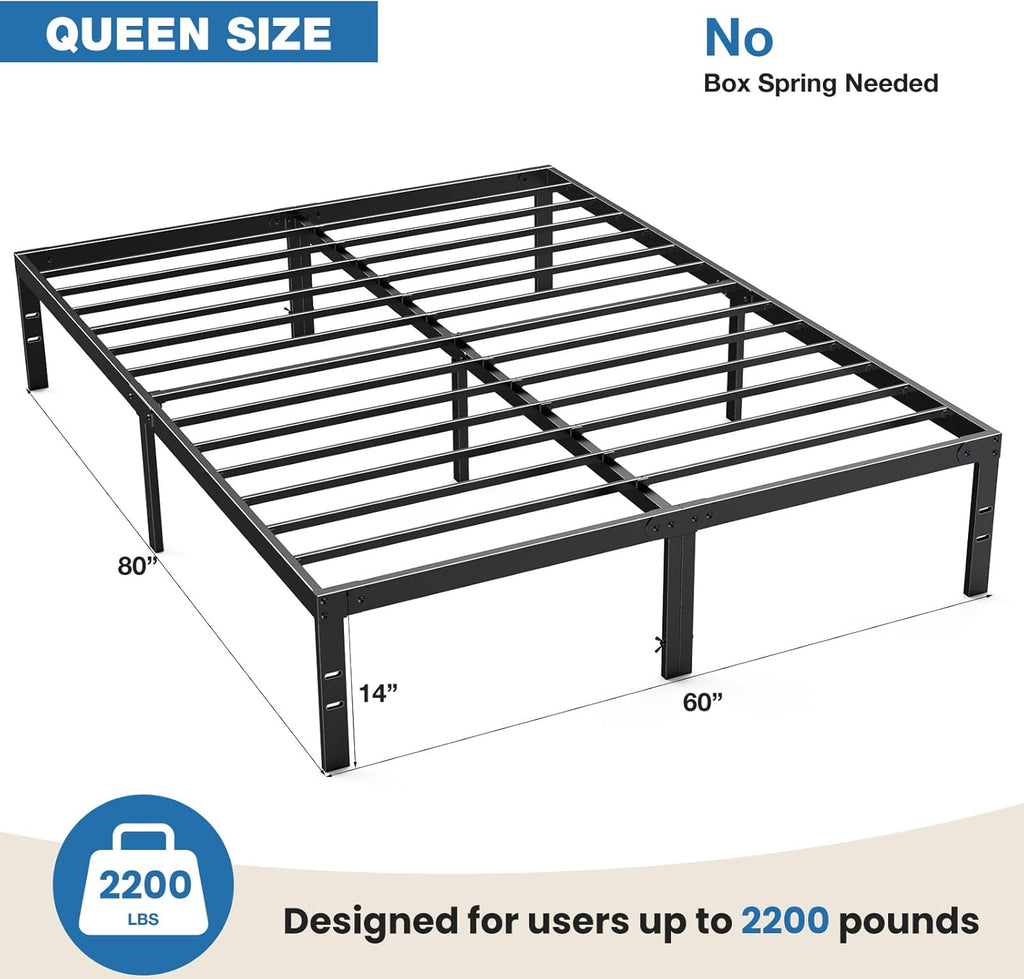 OLIXIS Metal Queen Bed Frame - 14" High, Sturdy Steel Slat Support, 2200lbs Capacity, Black