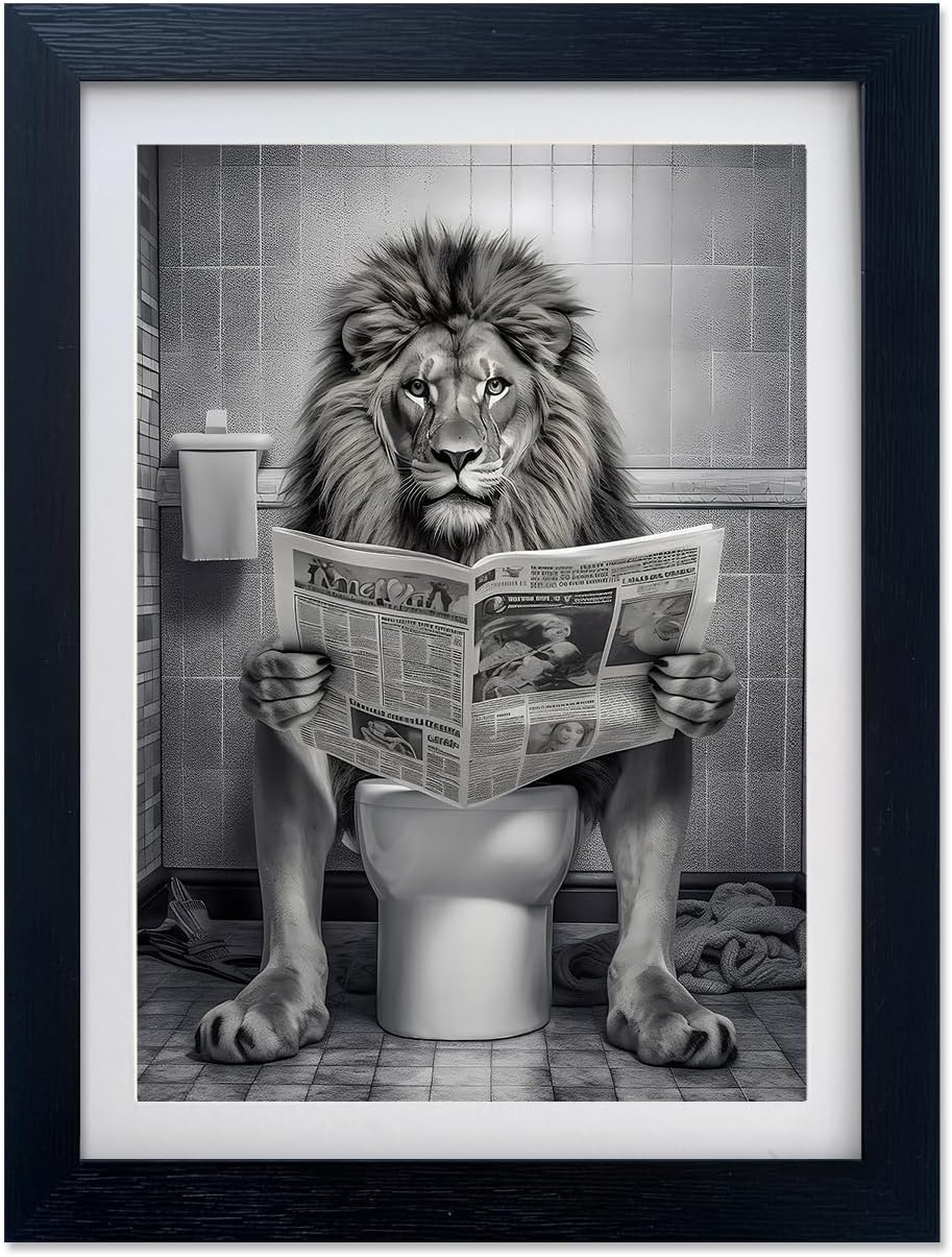 Regine Switzerland Bathroom Wall Decor - Black and White Lion Toilet Art Print | Funny Animal Artwork