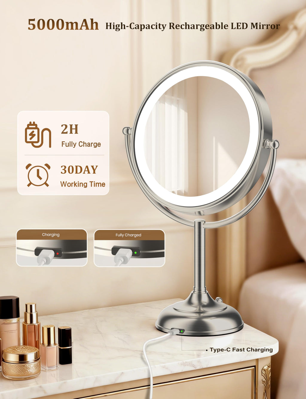 VESAUR 2026 Upgraded 20X lighted makeup mirror with magnification, 9" 1X10X Magnifying Mirror with 3 Color Modes & Adjustable Brightness, 5000mAh Rechargeable Vanity Mirror, 360° Swivel, Nickel, Gifts