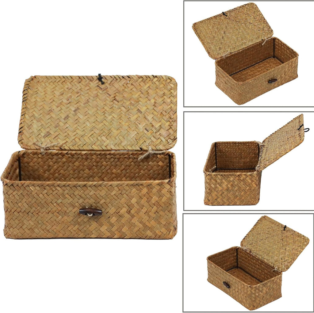 Wicker Storage Basket - Natural Seagrass Organizer with Lid | Rectangular Decorative Bin for Home