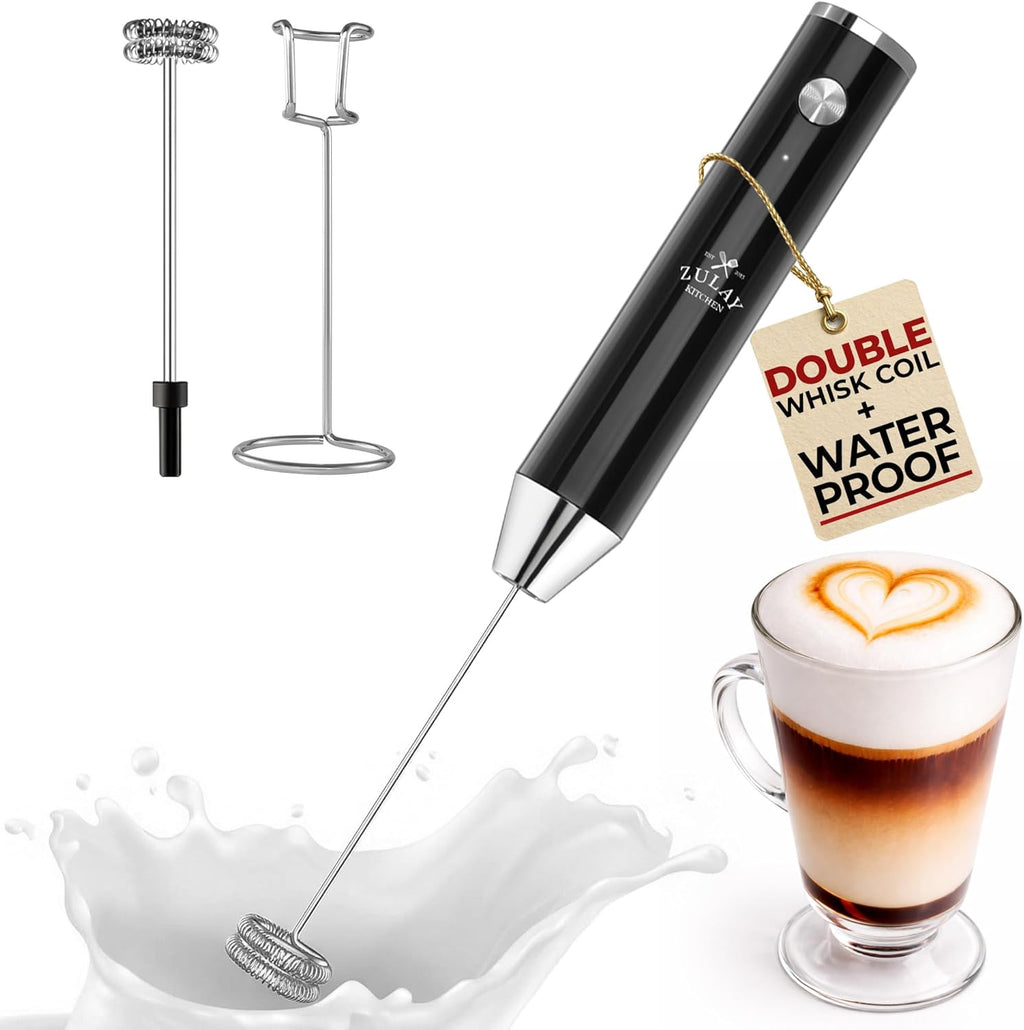 Zulay Kitchen Rechargeable Milk Frother - Powerful 2-Speed Motor, Waterproof, 2000mAh Battery | Perfect for Lattes, Cappuccinos, Matcha & Protein Drinks - Obsidian Black