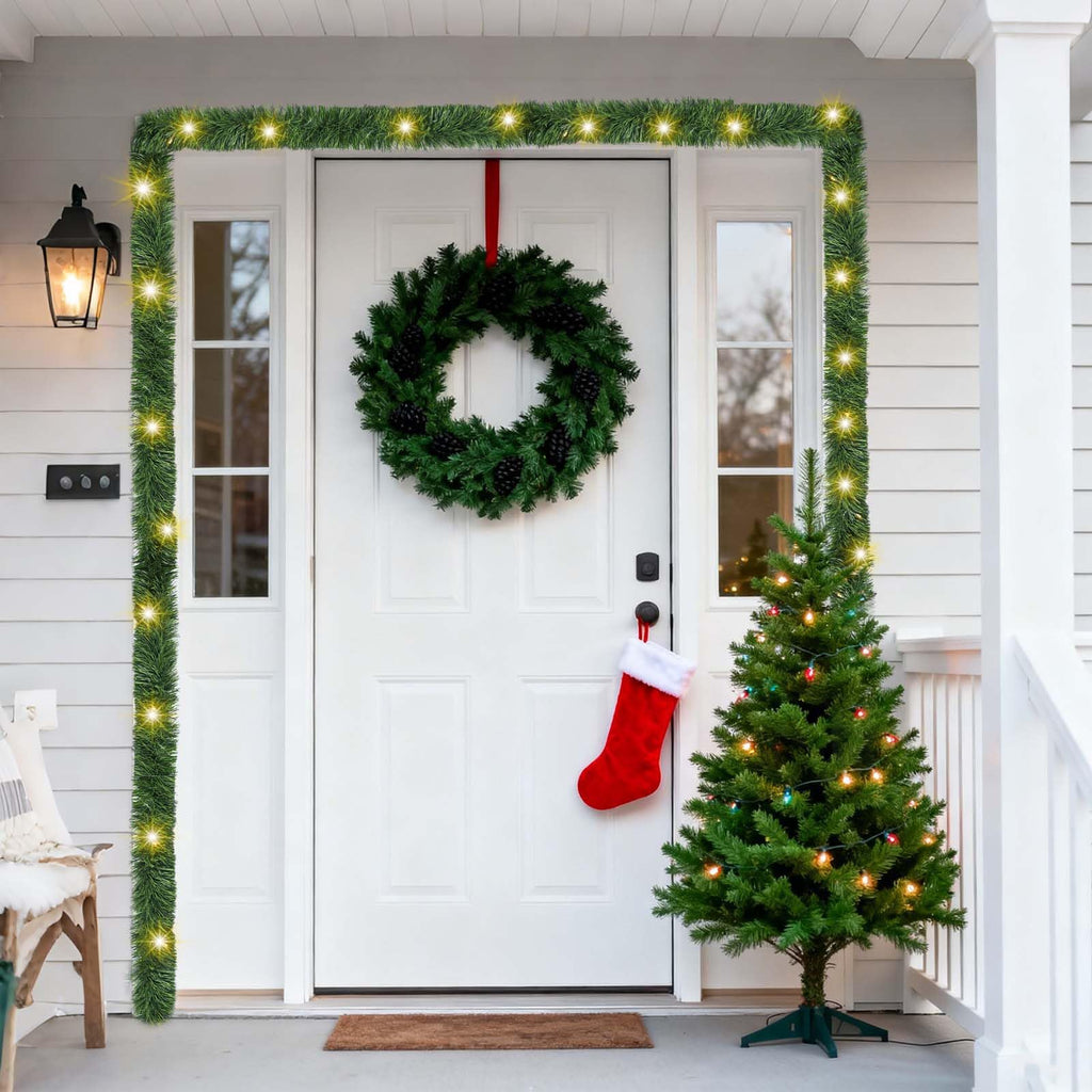 Christmas Garland with Lights, 30 Feet 50 Led Battery Operated Pre-Lit Long Garland Remote Timer for Stairs Railing Fireplace Mantle Office Door Frame Decor Green Greenery Indoor Outdoor Decorations