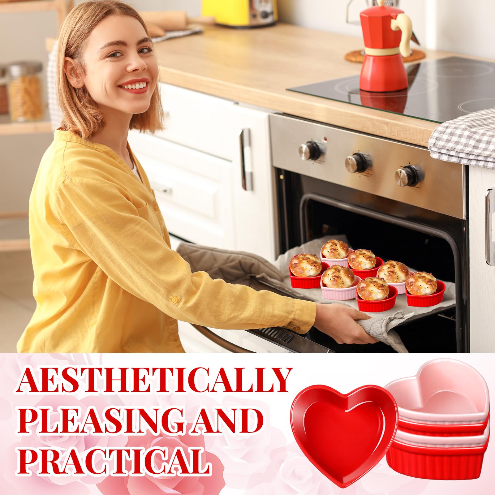 Reallnaive 8 Pcs Heart Shaped Ramekin Creme Brulee Ramekins Oven Safe 3.54 x 3.54 x 1.57 Inch Heart Shaped Bowl Small Baking Ceramic Ramekins Dishes for Souffle Snacks Quiche Sauces(Pink and Red)
