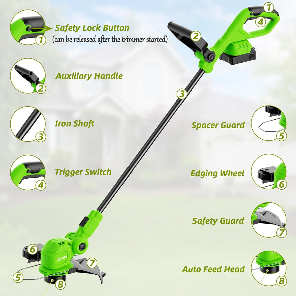 SUNCHERS 12-Inch 20V Cordless String Trimmer - 2-in-1 Lawn Edger with Auto Line Feed & Batteries | Green