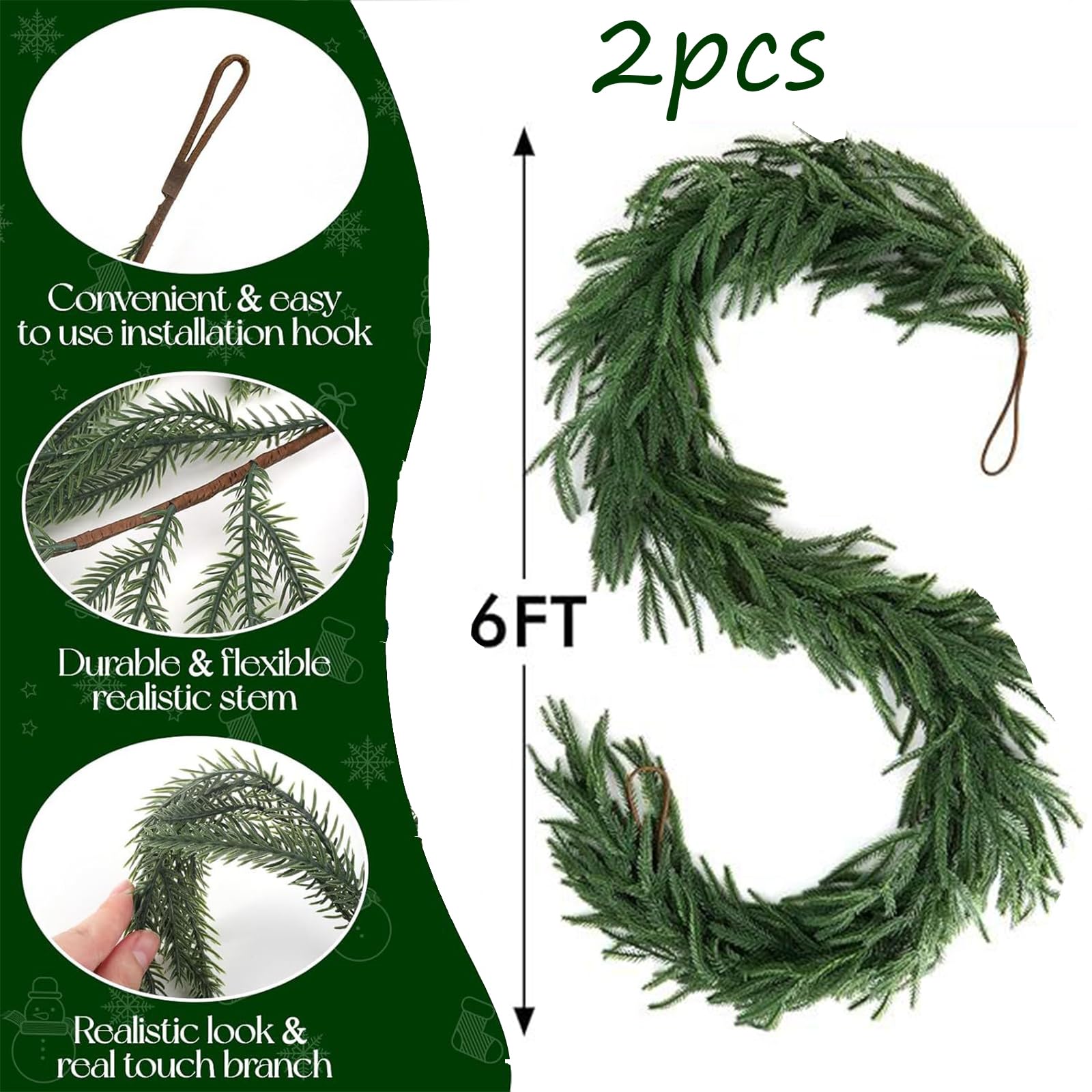 2Pcs 6FT Artificial Norfolk Pine Garlands, Real Touch Winter Christmas Pine Tree Wreath, Green Artificial Greenery Garland for Christmas Holiday Seasonal Indoor Home Decor Mantle