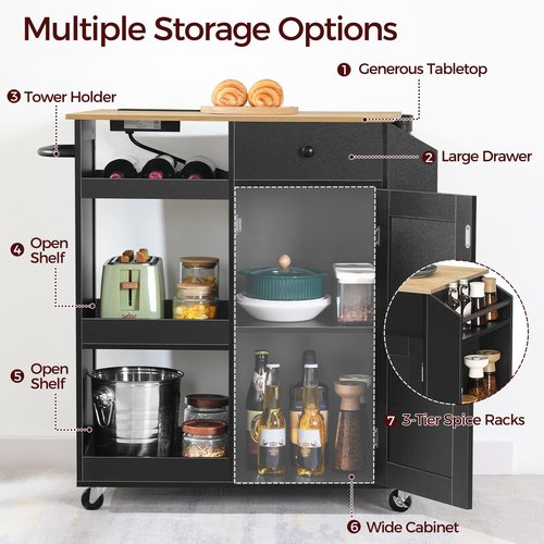 MAHANCRIS Kitchen Island with Power Outlet, Kitchen Storage Island with Drawer, Rolling Kitchen Cart on Wheels, Spice Rack, Towel Rack, Wine Rack, for Dining Room, Black and Natural KIHN122E01