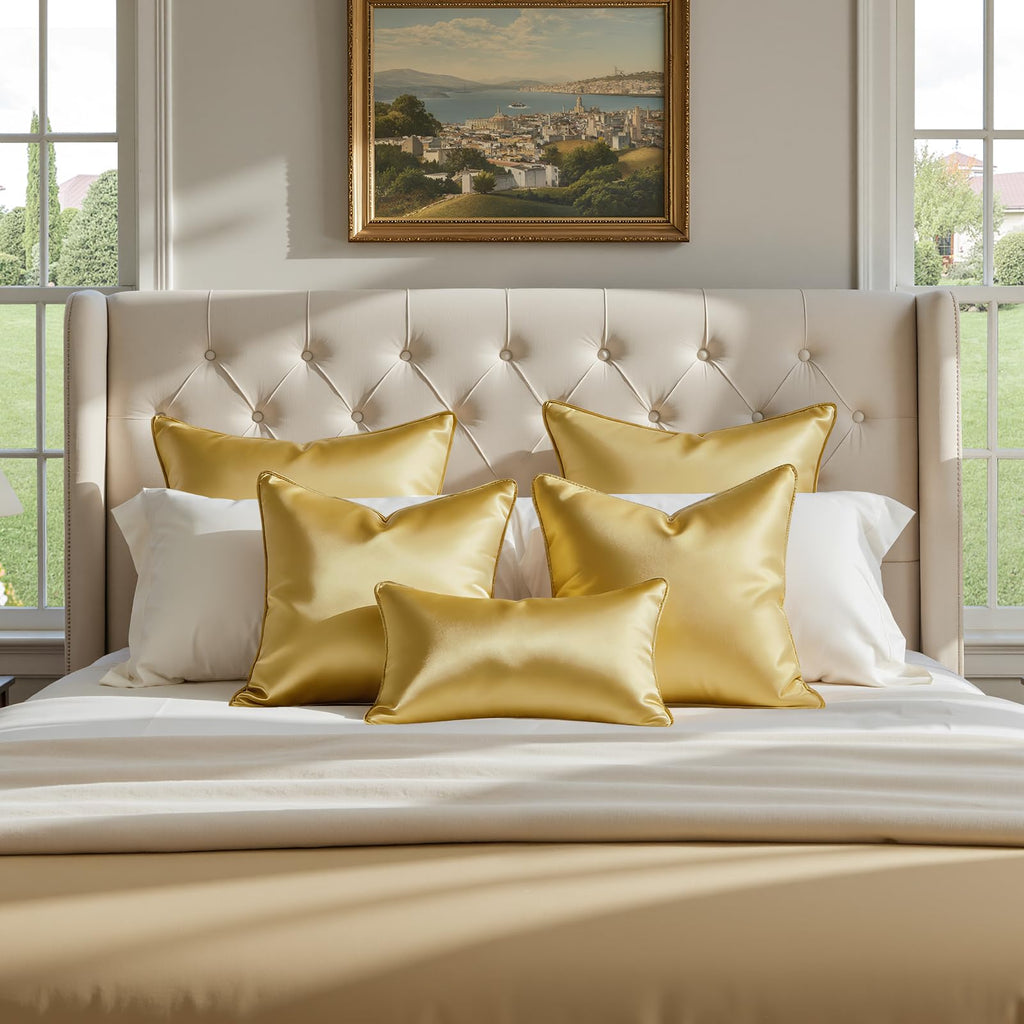 HOMEIDEAS Gold Decorative Throw Pillow Covers 18x18 Set of 2, Glossy Faux Silk Pillow Covers for Couch Sofa Bed Decor Luxury Euro Summer Cushion Covers