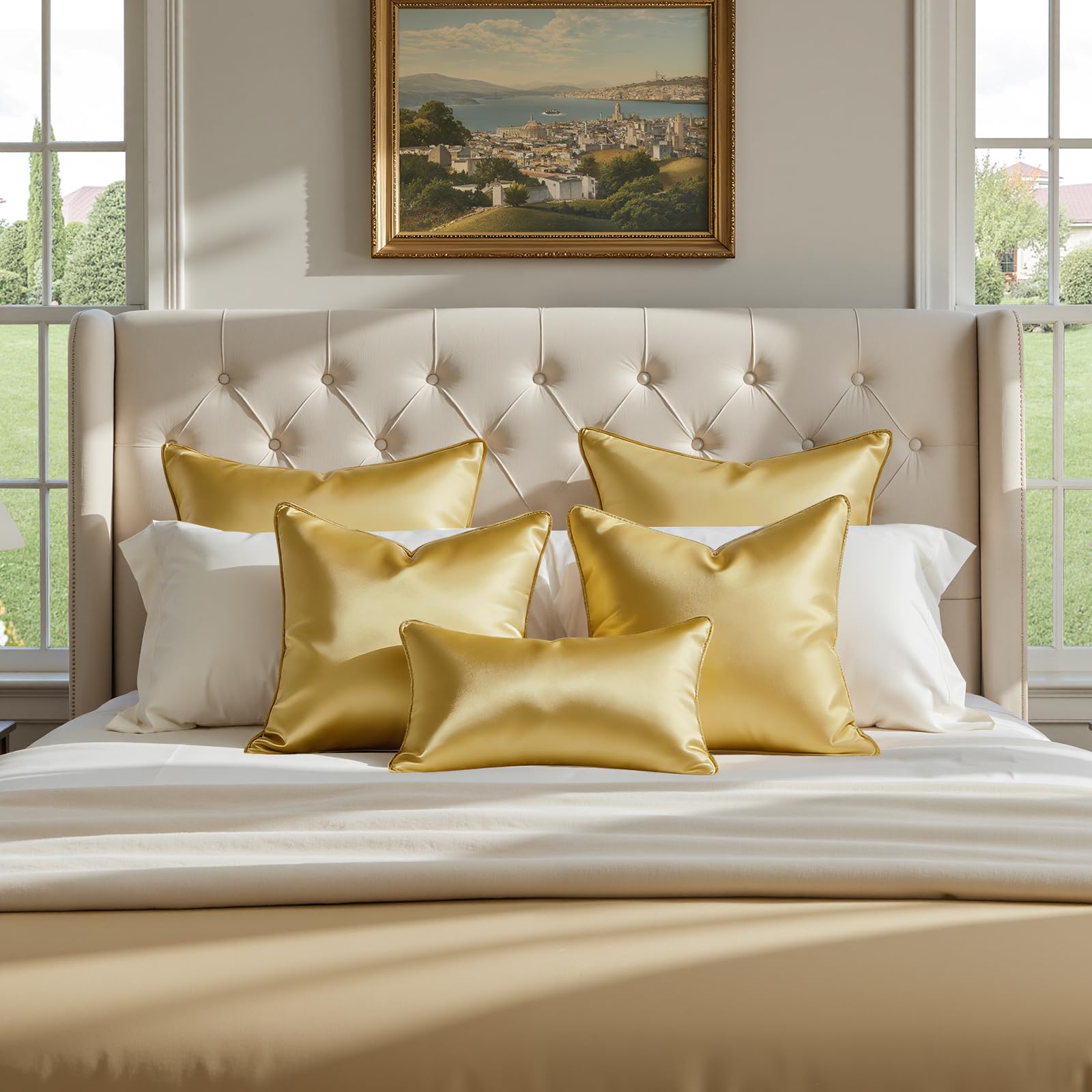 HOMEIDEAS Gold Decorative Throw Pillow Covers 18x18 Set of 2, Glossy Faux Silk Pillow Covers for Couch Sofa Bed Decor Luxury Euro Summer Cushion Covers