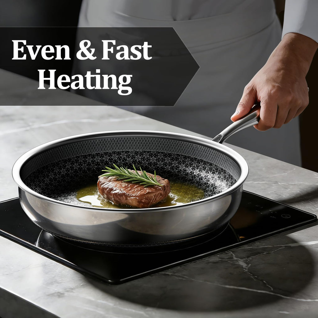 KURRUNGIE Hybrid Non Stick Frying Pans 2 Piece set, Stainless Steel Frying Pans with Tempered Glass Lid, 10" 12" 5 Ply Induction Cookware, Oven-Safe Up to 800°F, Compatible with All Cooktops