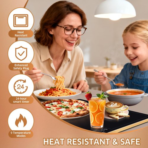 Warming Mat for Food,（Extra Long 32”x18”） Warming Tray with Adjustable Thermostat, 2 Temperature Modes for Parties Buffet, Parties, Holidays, Family Gatherings, Gold Edge (Black, Extra Large 32"x18")