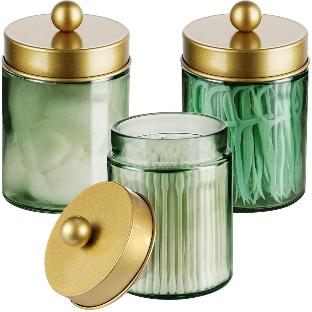 3 Pack Apothecary Jar Canisters Bathroom Vanity Organizer - Qtip Holder Storage Organizer Set Countertop Canister with Stainless Steel Lids &Cute Stickers for Qtips,Cotton Swabs,Makeup Sponges,Floss