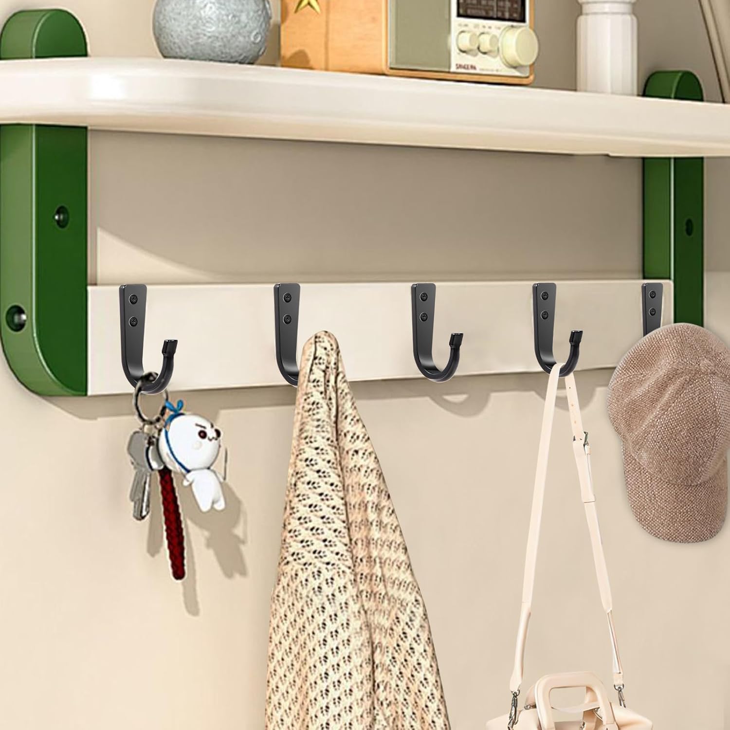WODEGIFT Heavy Duty Wall Hooks - 5 Large Coat Hooks for Pans, Backpacks & Garage Items | Black