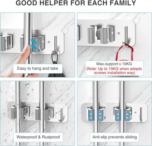 Homeasy Wall Mount Mop and Broom Holder - Heavy Duty Stainless Steel Organizer Rack | 2-Pack, No Drill Installation, Silver