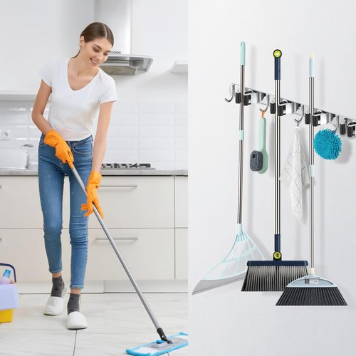 2 Pack Broom Holder Wall Mount Mop Hanger, Stainless Steel 4 Racks 5 Hooks Self Adhesive Heavy Duty Tool Organizer for Garage Kitchen Garden Laundry Room Home (Silver）