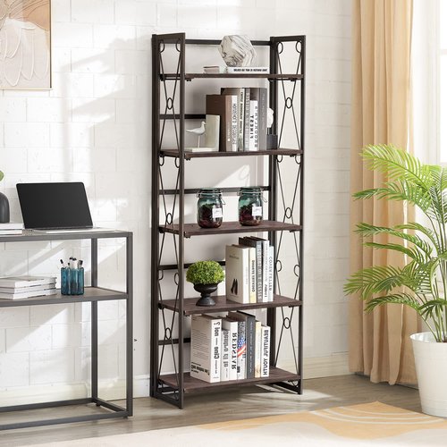VECELO Folding Bookshelf, 5 Shelf Folding Bookcase No Assembly, Industrial Metal Freestanding Shelves Rack Organizer for Living Room, Office, Bedroom, Kitchen