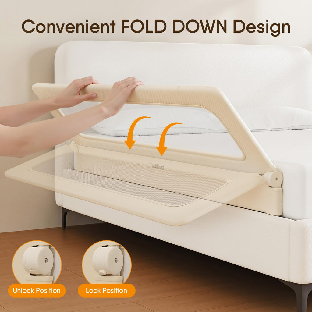 TodiNest Folding Bed Rail for Toddlers, Baby Bed Rail Guard with Reinforced Anchor Safety System, Toddler Bed Rails for King Size Beds, Twin, Full, Queen (Khaki, 71" L x 21.6" H)