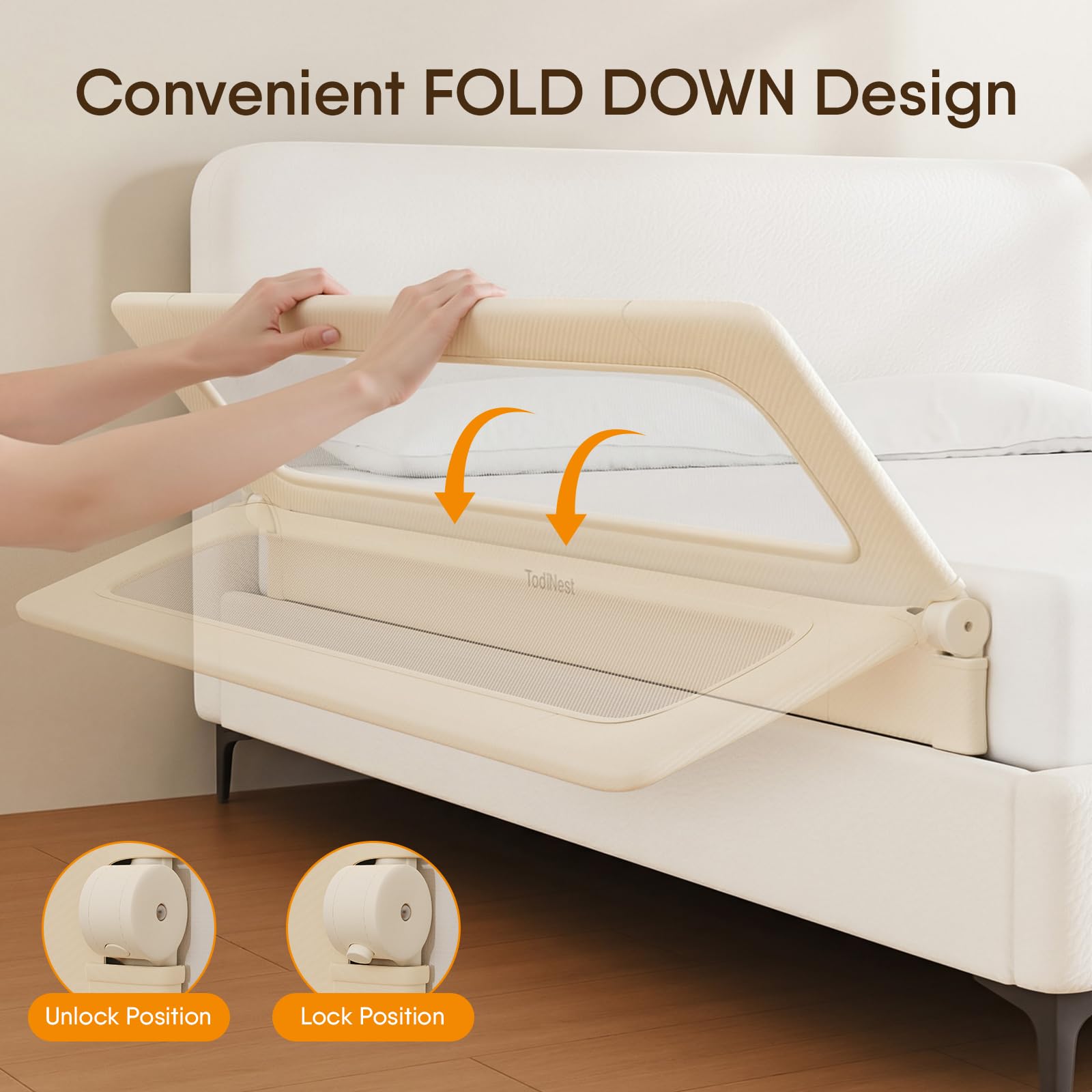 TodiNest Folding Bed Rail for Toddlers, Baby Bed Rail Guard with Reinforced Anchor Safety System, Toddler Bed Rails for King Size Beds, Twin, Full, Queen (Khaki, 71" L x 21.6" H)