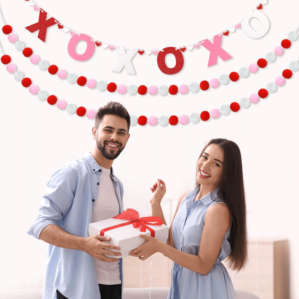 QOUBAI 3pcs Valentine's Day Garland Felt Ball Garland 10ft Pompom Garland Valentine Decorations XOXO Felt Ball Banner for Mantle Fireplace Room Valentine's Day Anniversary Engagement Party Supplies